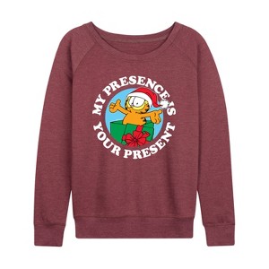 Women's - Garfield - My Presence Is Your Present Lightweight French Terry Wide Neck Long Sleeve Shirt - 1 of 4