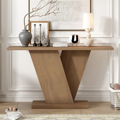 59.8'' V-Base Console Table with Wood Veneer,Modern Entryway Display Table for Living Room or Hallway-Baofuwish