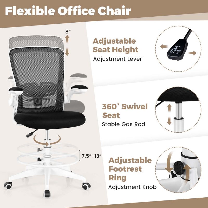 Costway Adjustable Swivel Drafting Chair with Flip-Up Armrests Adjustable Lumbar Support Black&White/Black, 5 of 11