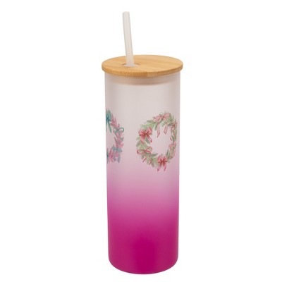 Elanze Designs 25 Ounce Frosted Glass Gradient Travel Tumbler With Straw and Wooden Lid, Christmas Bow Wreaths Pink