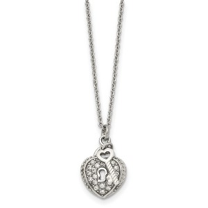 Chisel Stainless Steel Cubic Zirconia Heart Lock and Key 2-Piece Moveable Pendant on an 18" Cable Chain Necklace - 1 of 4