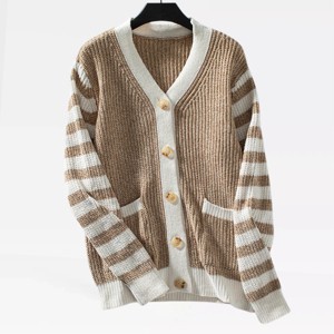 Womens Cardigans Rib Knit Color Block Sweater Cardigan with Pockets Front Button Down Ribbed Cuff Sweater - 1 of 4
