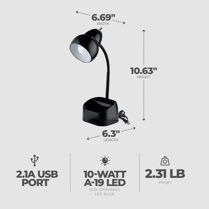 Globe Electric 6.3 x 6.69 x 10.63 Inches Goose Neck Desk Lamp with 10 Watt A-19 Non Dimmable LED Bulb, 2.1a USB Port and Organizer, Black, 2 of 7