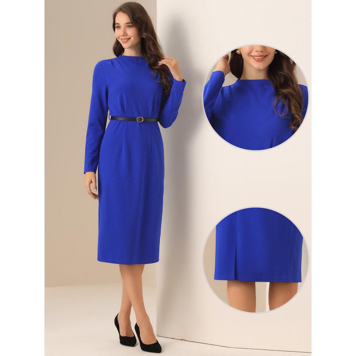 Женские платья INSPIRE CHIC Women's Stand Collar Tie Belted Waist Split Hem Work Sheath Dress Royal Blue X-Large — фото 3