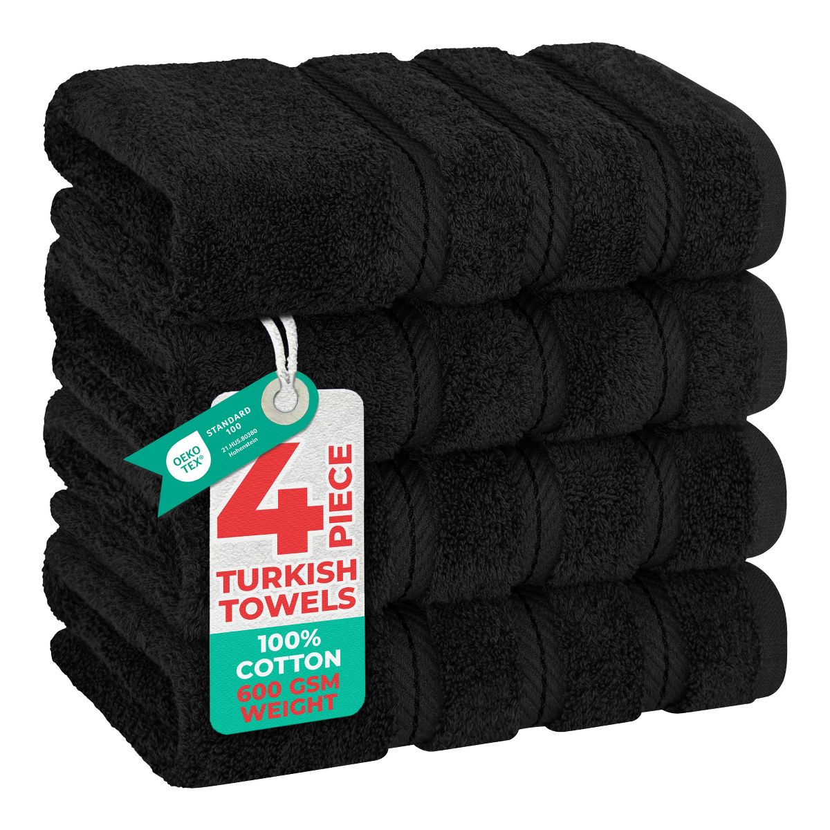 American Soft Linen 4 Pack Hand Towel Set, 100% Cotton, 16 inch by 28 inch, Hand Face Towels for Bathroom, Black