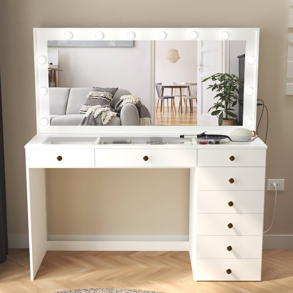 Photos - Bedroom Set Johanna Lighted with Knobs Makeup Vanity White/Gold - Boahaus
