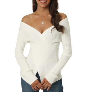 Seta T Women's V Neck Wrap Long Sleeve Criss Cross Casual Pullover Sweater - 1 of 4