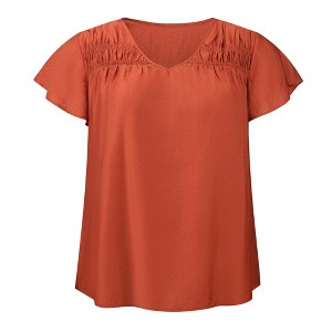 Women's Plus Size Jacquard Texture Smocked Shoulder V Neck Ruffle Sleeve Flowy Summer Casual Blouses - GRACE & GRANDEUR - 1 of 4