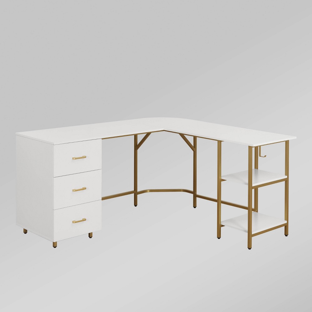 L Shape Home Office Two-Tone Desk with Storage Gold - Techni Mobili ( INCOMPLETE / BOX 1 OF 2 ONLY 