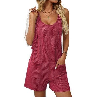 Women's Summer Casual Sleeveless Rompers Scoop Neck Striped Bib Shorts Jumpsuit Beach Overalls Vacation Outfit Clothes