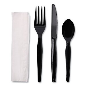 Boardwalk Four-Piece Heavyweight Cutlery Kit - Fork/Knife/Napkin/Teaspoon - Black - 250 kits - 1 of 4