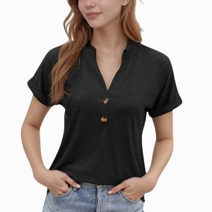 Anna-Kaci Women's Short Sleeve V-Neck Blouse with Button Front and Rolled Cuffs Casual Relaxed Fit - 1 of 4