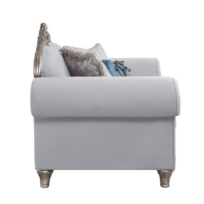 Luxurious Gray Linen & Platinum Wood Trim Accent Chair with Pillows