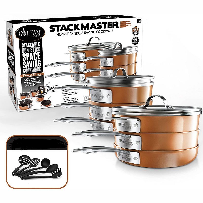 Gotham Steel Stackmaster 15 Piece 8'' and 10'' Copper Space Saving Nonstick Cookware Set, 1 of 6