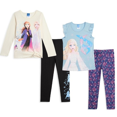 Disney Frozen Elsa Princess Anna Big Girls Graphic T Shirt and Leggings 4 Piece Outfit Set 10 12