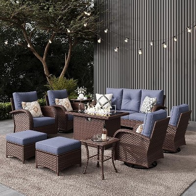 LayinSun Outdoor Patio Furniture Set, Brown Rattan Wicker Sectional Swivel Rocker Chairs Sets