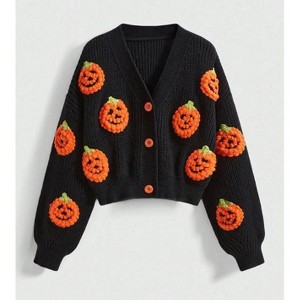 TIME HOLLOW V-Neck Crochet Pumpkin Knit Cardigan - 1 of 3