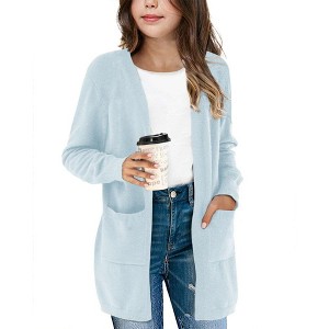 BLUEMING Girls Solid Color Knit Cardigan Long Sleeve Button Front Sweater with Pockets Adorable Loose Fit Kids Outerwear - 1 of 4