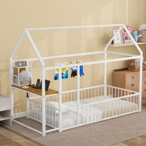 Twin Metal Bed Frame with House Design, Incl. Desk, Storage Shelves, Power Outlets, and USB Charging Ports - 1 of 4