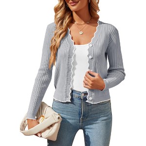 Clearlove Women's Cropped V Neck Button Front Cardigan Lightweight Knit Sweater Casual Cover Up - 1 of 4