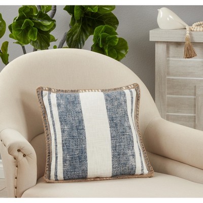 Blue and White Striped Whipstitch Square Cotton Jute Pillow
