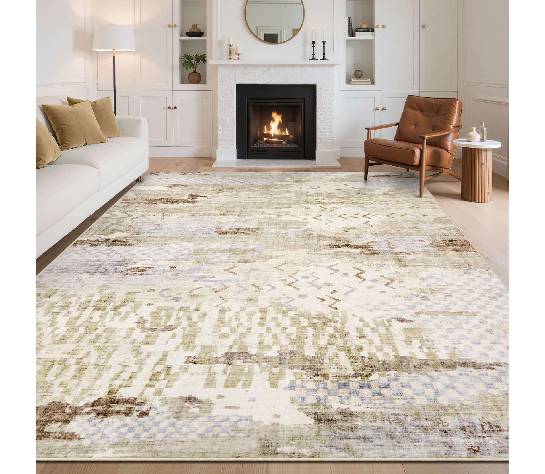 Boho Machine Washable Area Rug with Non-Slip Rubber Backing - Abstract Geometric Distressed Rug for Living Room, Dining Room, Bedroom, Office