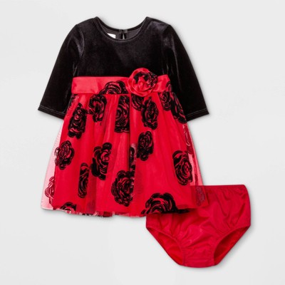 Mia & Mimi Baby Girls' Floral Velvet Dress - Red 12M