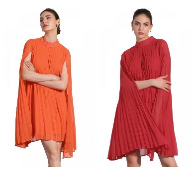 Inspire Chic Women's Loose Flowy Cloak Sleeve Cape Pleated Chiffon Dress 2 Packs Orange/Red Large