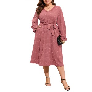 Womens Swiss Dot Maxi Dresses V Neck Flutter Long Sleeve Tie Belt A Line Flowy Long Dress - 1 of 4