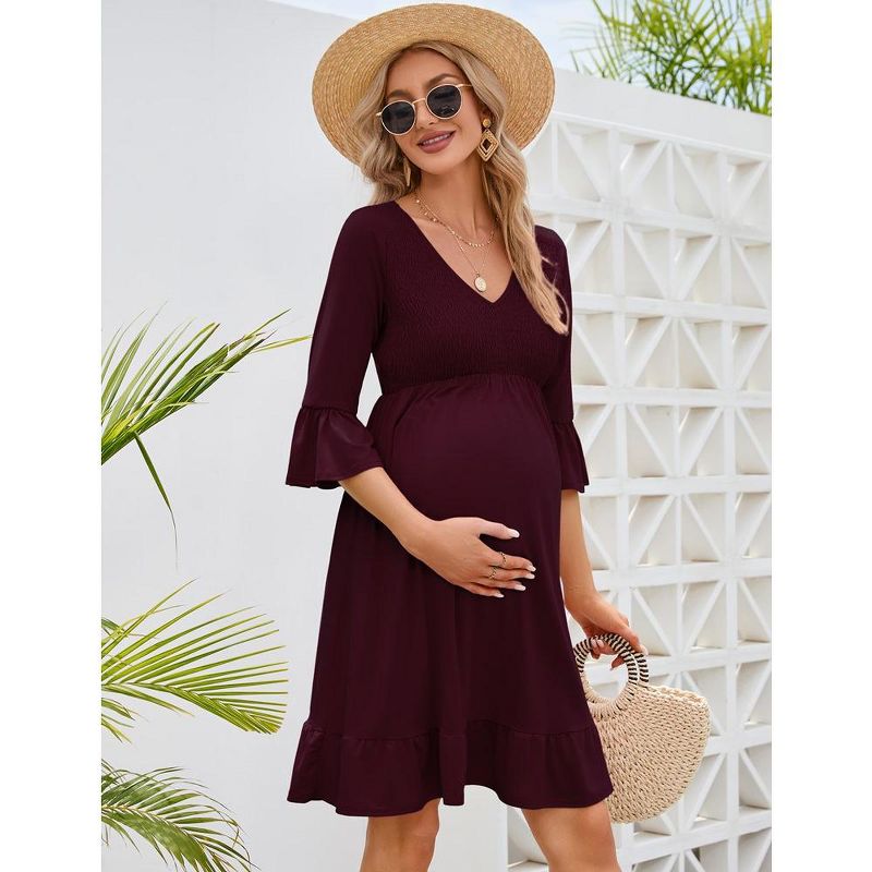 Women's Maternity Smocked 3/4 Sleeve Boho Dress V Neck Fall Casual Ruffle Flowy Midi Dress for Baby Shower Photoshoot, 3 of 8