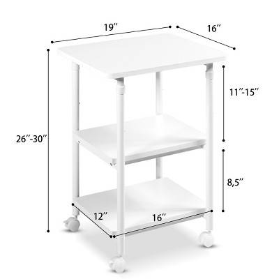 White Adjustable 3-Tier Rolling Printer Cart with Storage Shelves