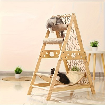 6-in-1 Deluxe Cat Tree Tower with Multi-Level House, Hammock, Jumping Platform, Scratching Post, Climbing Net - Real Branch Wood