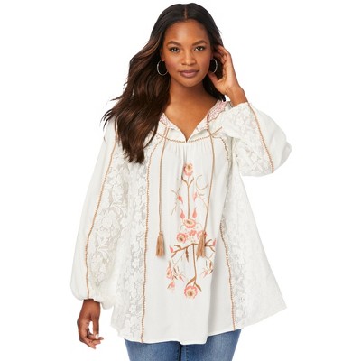 V-Neck Embroidered Boho Babydoll Blouse Top Women Casual 3/4