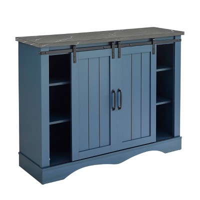 Navy Blue Rustic 47" Wood Bar Cabinet with Sliding Barn Door
