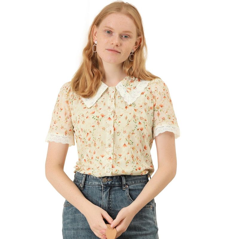 Allegra K Women's Peter Pan Collar Lace Trim Embroidered Casual Floral Blouse, 1 of 7