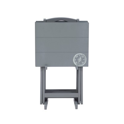 Modern Compass-Inspired Dark Gray Wood TV Tray Table Set
