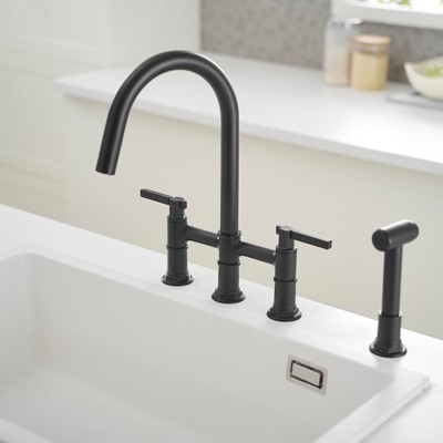 Modern Black Double Handle Bridge Kitchen Faucet with Side Sprayer