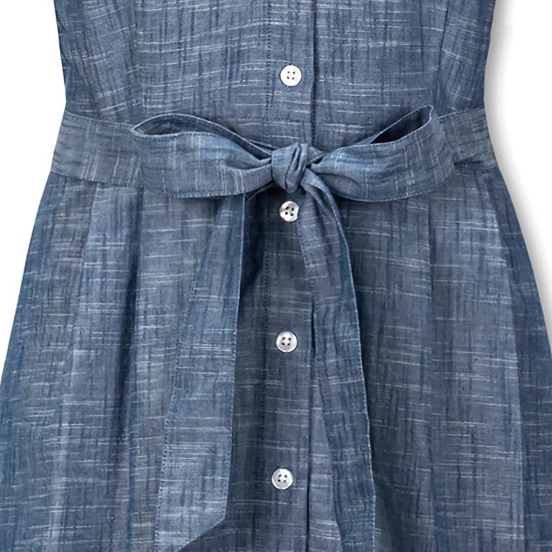 Hope & Henry Womens' Short Sleeve Button Front Chambray Dress with Waist Sash, 5 of 7