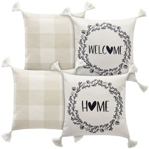 Farmlyn Creek Set of 4 Plaid Throw Pillow Covers, 18x18 Inch Decorative Farmhouse Pillow Cases with Printed Designs and Tassels - 1 of 4