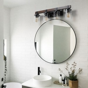 27" Rustic 4-Light Vanity Light, Industrial Bathroom Wall Sconce with Glass Shades and Wood Accent, Modern Farmhouse Lighting Fixture (No Bulbs) - 1 of 4