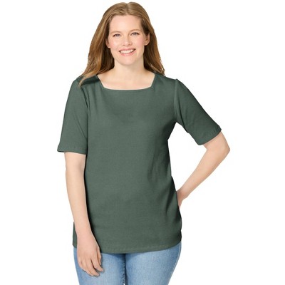Woman Within Plus Size Ribbed Square Neck Elbow-Sleeve Tee