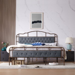King Size High Board Metal Bed, Heavy Duty Metal Bed Frame, No Box Spring Needed, Easy Assemble, King Platform Bed Frame With Soft Headboard Footboard - 1 of 4