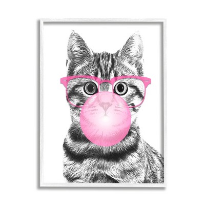 Stupell Industries Adorable Cat Bubble Gum Pink Glasses Monochrome Illustration Framed Giclee Art