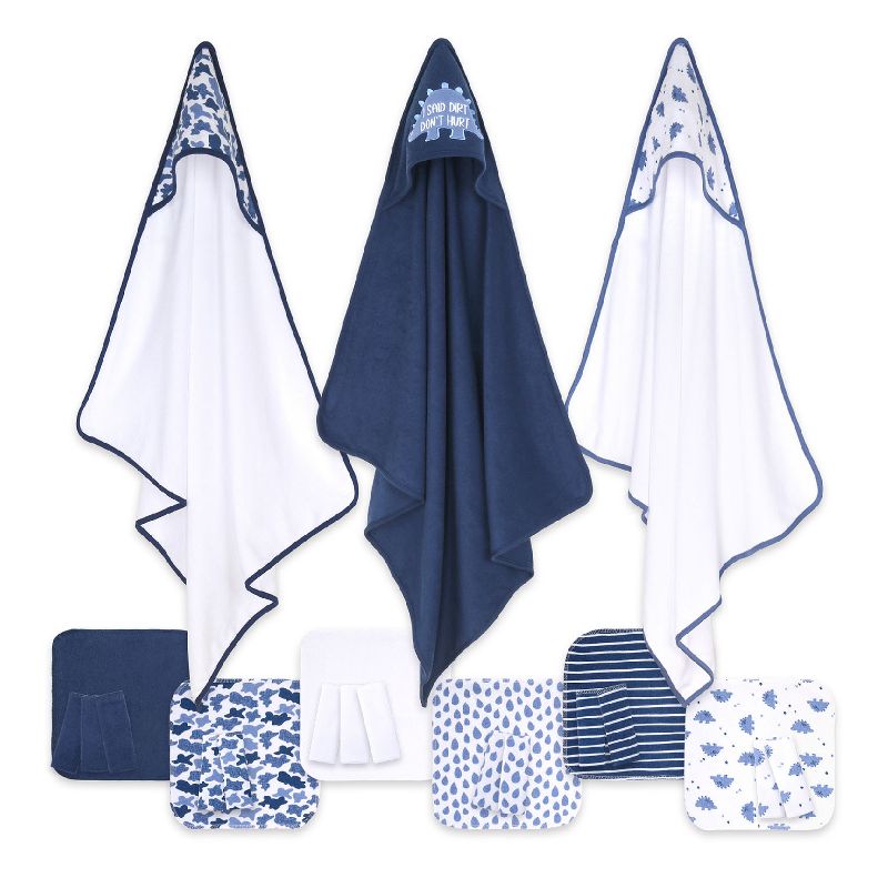 The Peanutshell 3pk Baby Hooded  Bath Towels and 20pk Washcloths Bath Set, 23-Piece, Blue Dino, 1 of 8