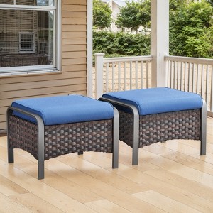 Buenhomino Patio Ottomans Set of 2, Outdoor Wicker Footrest with Thickened Cushions, Multipurpose Metal Patio Furniture for Backyard and Deck - 1 of 4