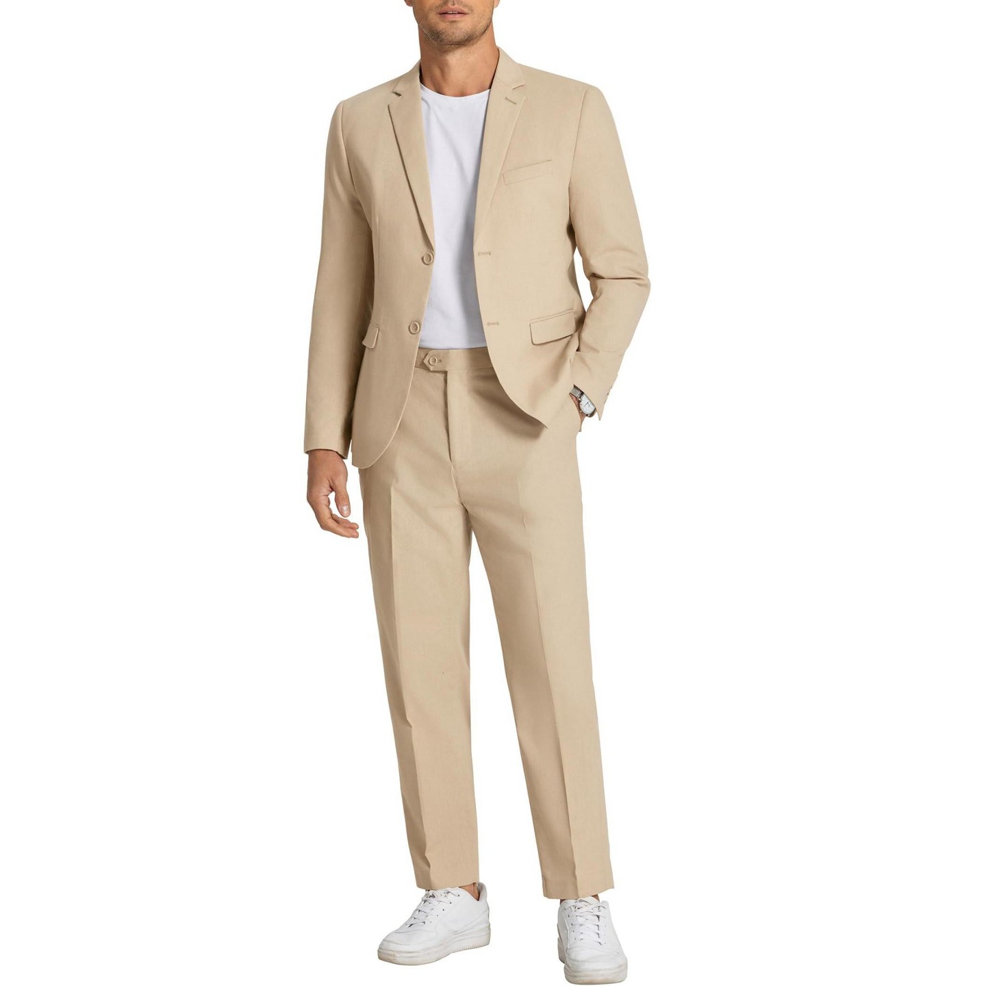 Мужские комплекты COOFANDY 2 Piece Linen Suits Set Regular Fit Casual Linen Lightweight Suit Summer Beach Wedding Khaki, цвет: Хаки — фото 1
