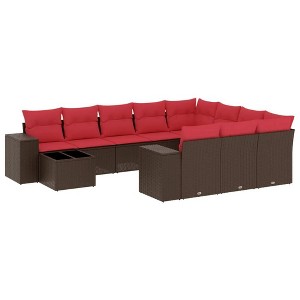 vidaXL 11 Piece Garden Sofa Set with Cushions Brown and Red Poly Rattan - 1 of 4
