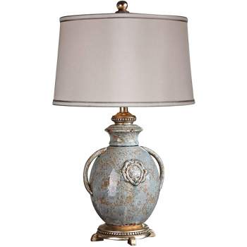 Uttermost Traditional Rustic Table Lamp 29" Tall Distressed Blue Tan Glaze Off-White Drum Shade Living Room Bedroom House Bedside
