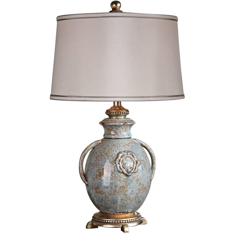Uttermost Traditional Rustic Table Lamp 29" Tall Distressed Blue Tan Glaze Off-White Drum Shade Living Room Bedroom House Bedside, 1 of 4