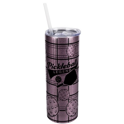 Elanze Designs Plaid Rose Gold 20 Ounce Double Wall Stainless Steel Glitter Travel Tumbler With Sliding Lid And Straw, Pickleball